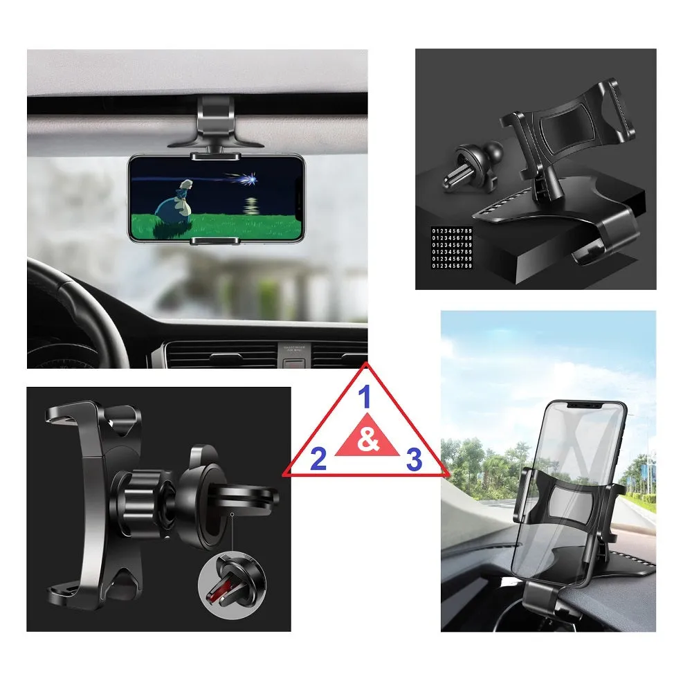 3 in 1 Car GPS Smartphone Holder: Dashboard / Visor Clamp   AC Grid Clip for Lava Iris 349 Sleek - Black