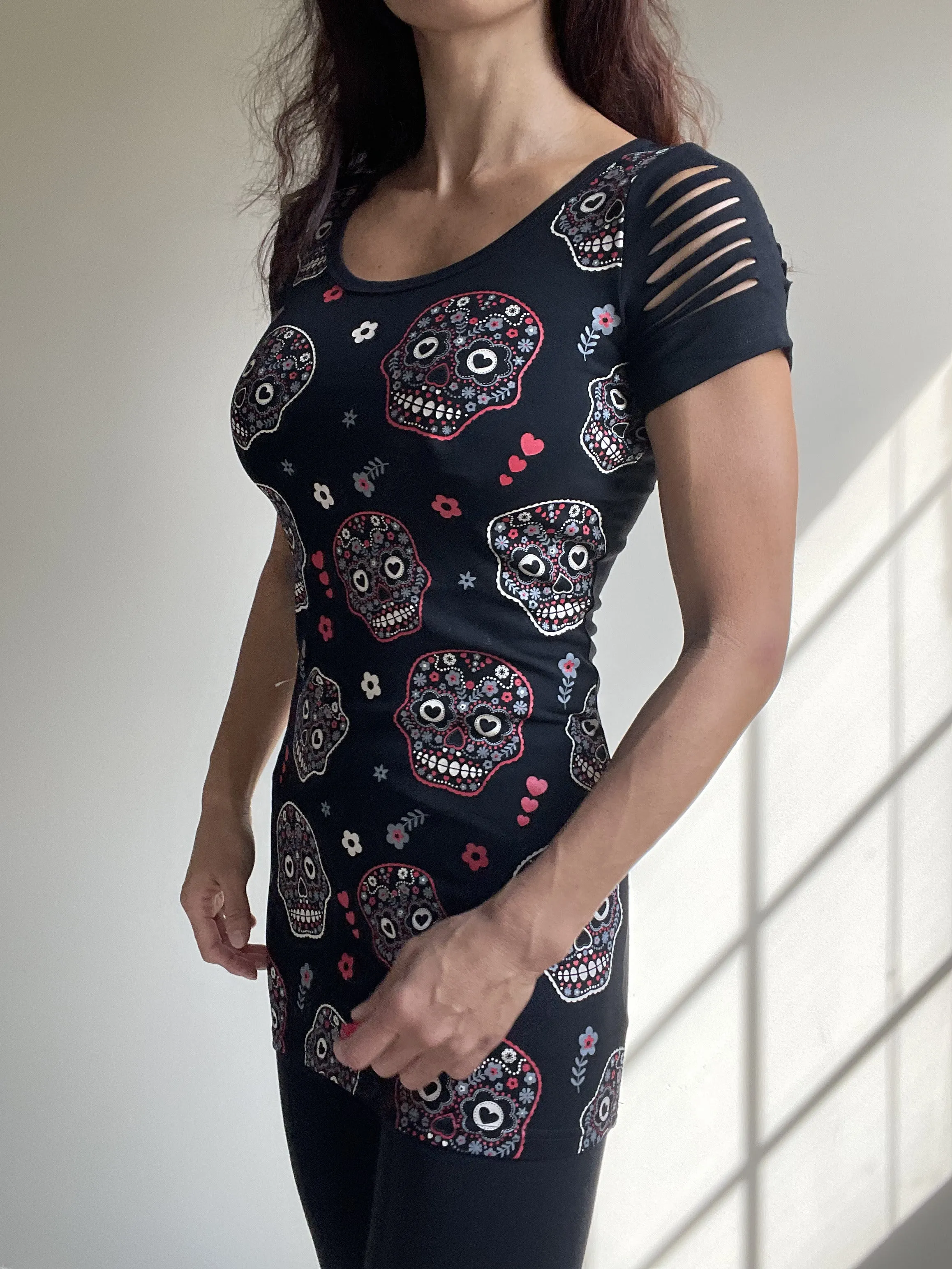 Banned Apparel Day of the Dead Flower Sugar Skull Allover Cut Out Shoulder Top