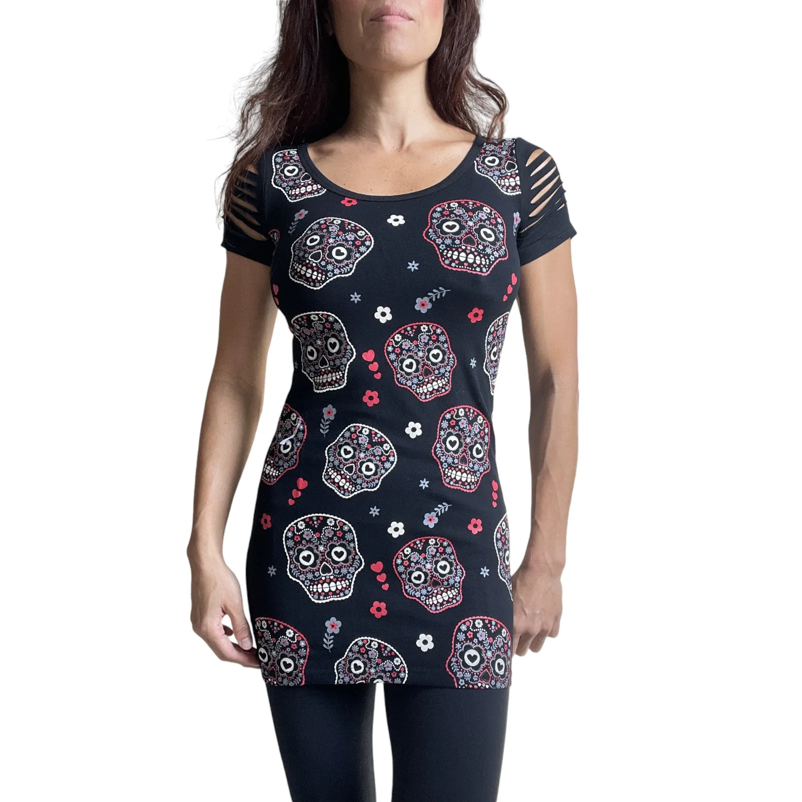 Banned Apparel Day of the Dead Flower Sugar Skull Allover Cut Out Shoulder Top