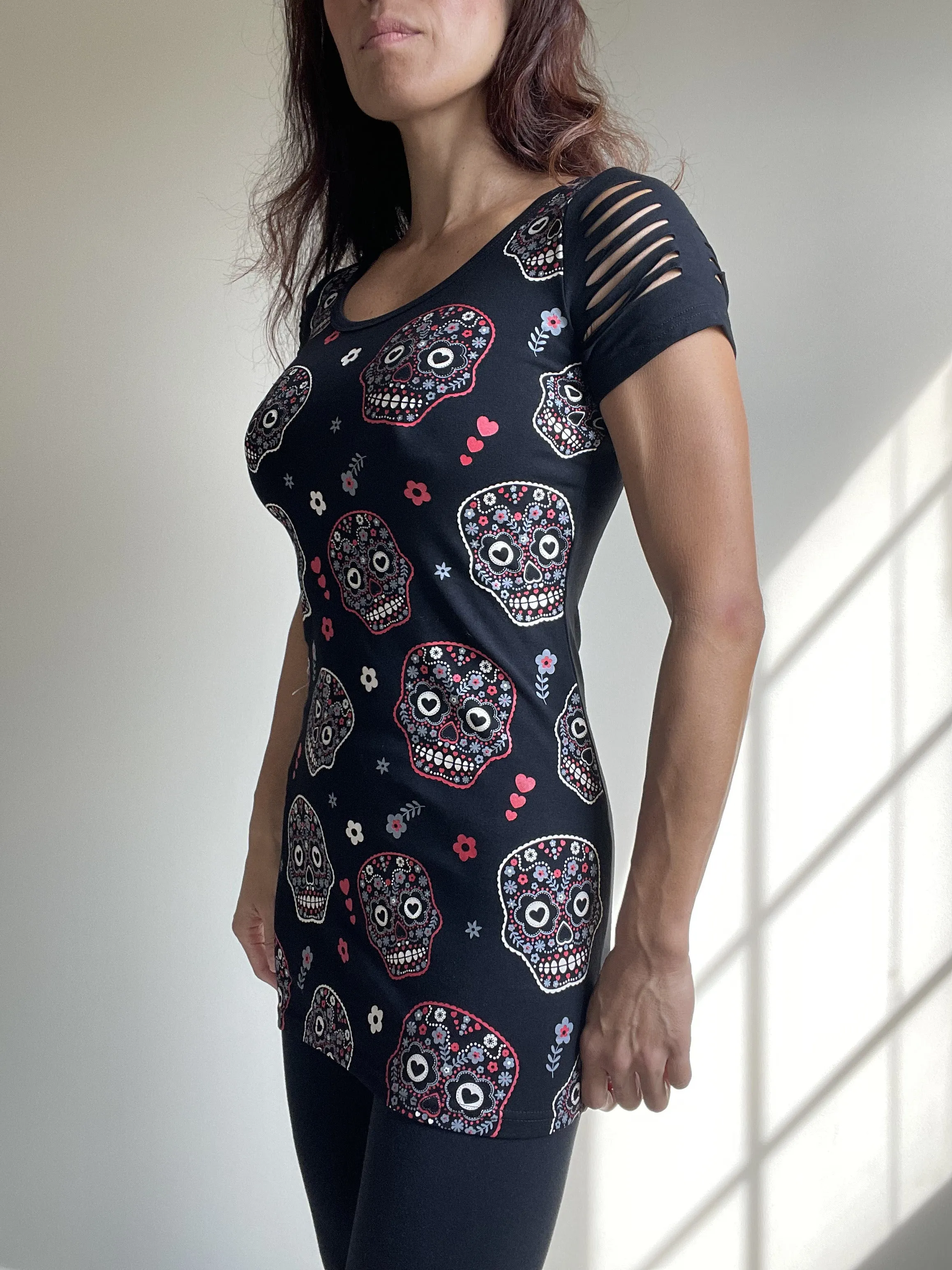 Banned Apparel Day of the Dead Flower Sugar Skull Allover Cut Out Shoulder Top