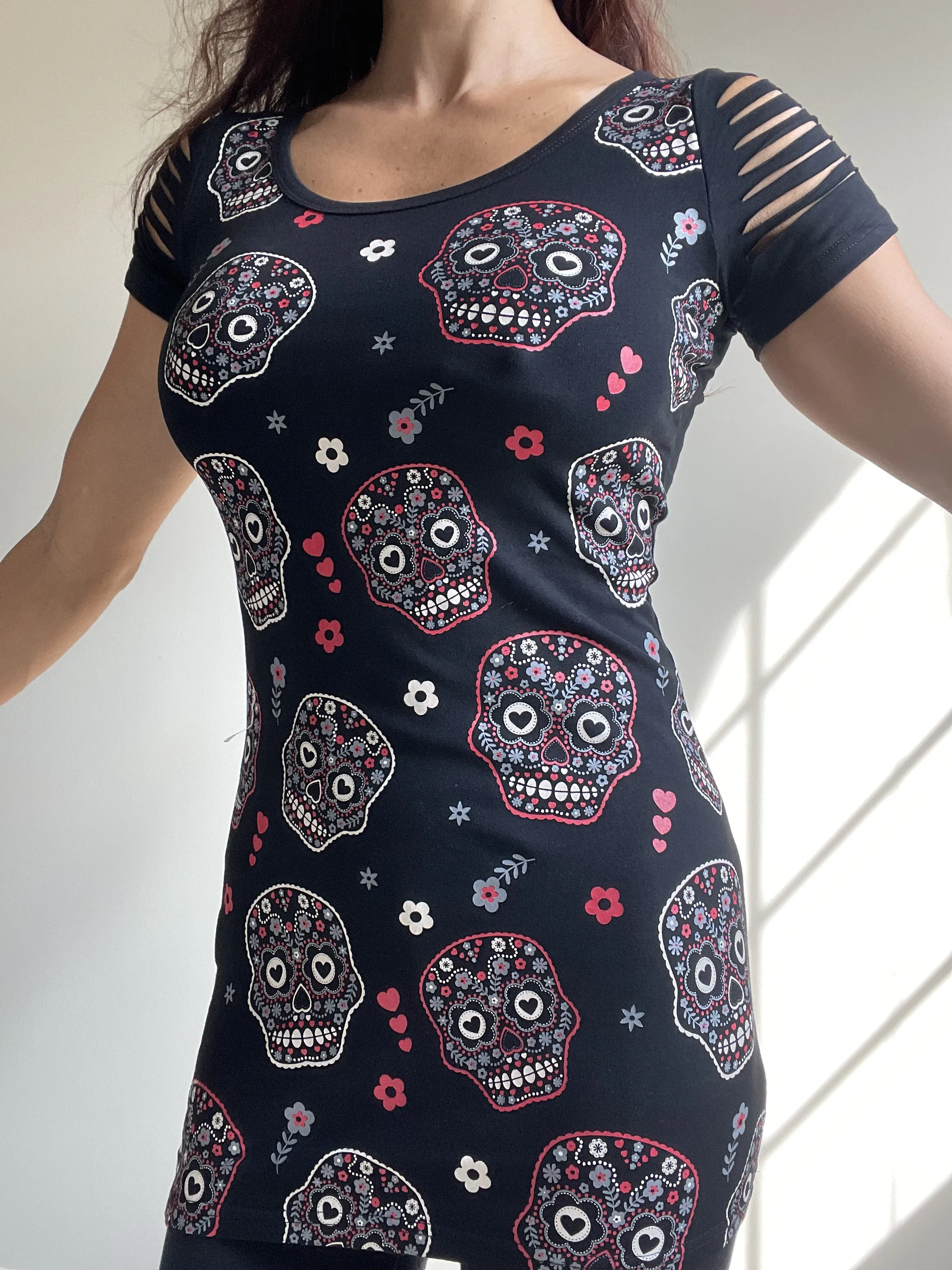 Banned Apparel Day of the Dead Flower Sugar Skull Allover Cut Out Shoulder Top
