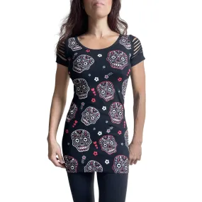 Banned Apparel Day of the Dead Flower Sugar Skull Allover Cut Out Shoulder Top