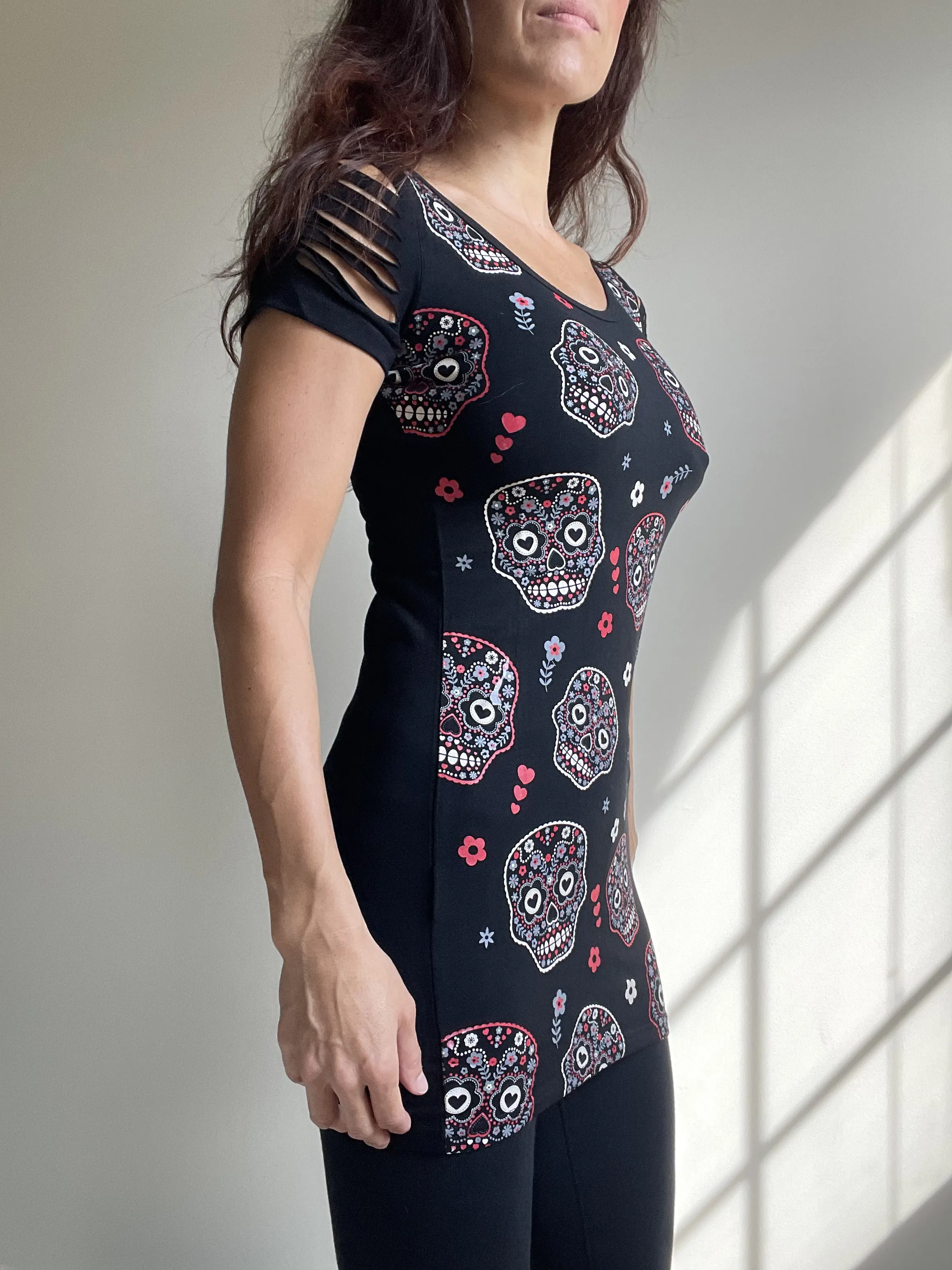 Banned Apparel Day of the Dead Flower Sugar Skull Allover Cut Out Shoulder Top
