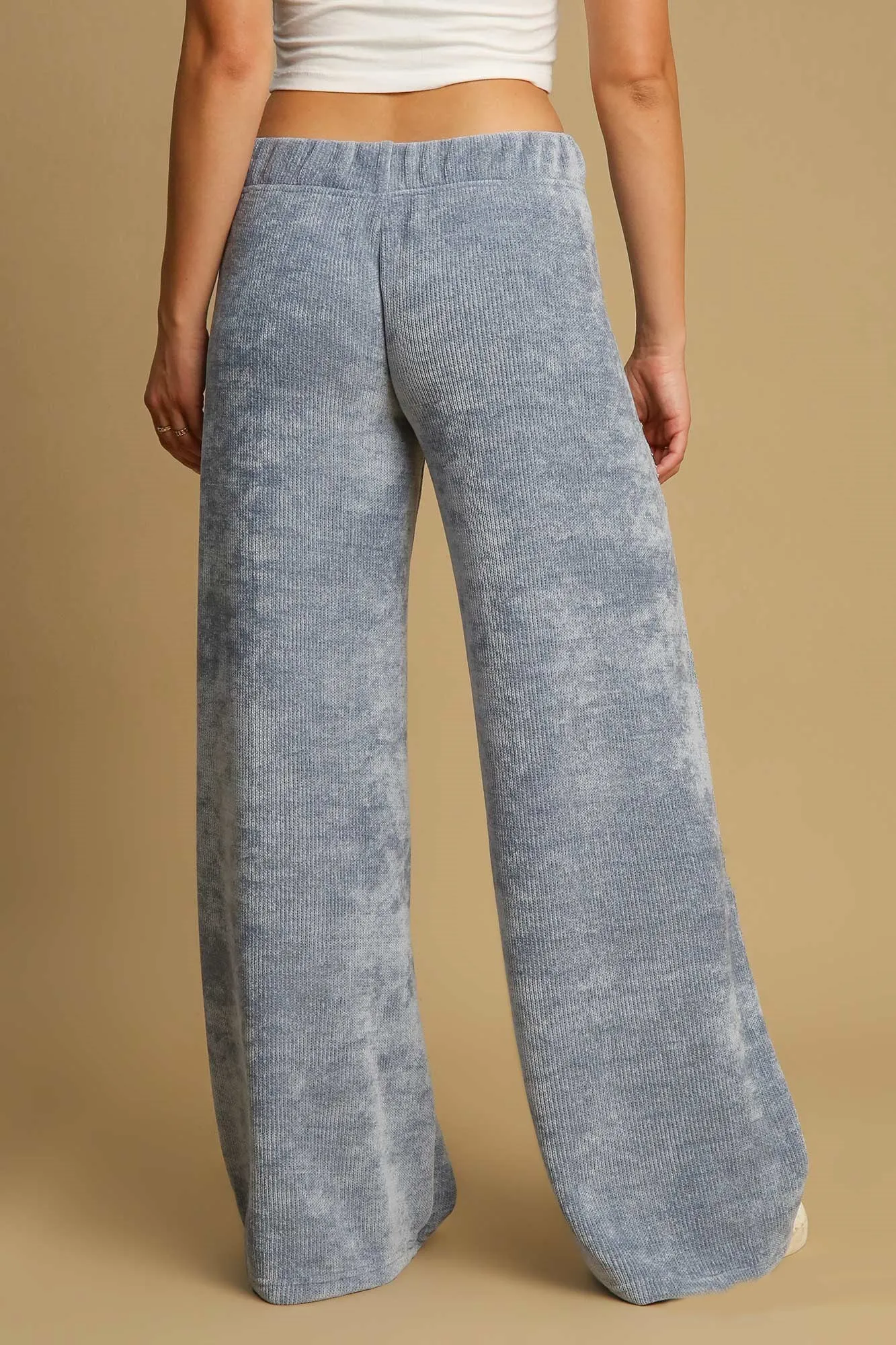 Elastic Waist Blue Ribbed Wide Leg Pants