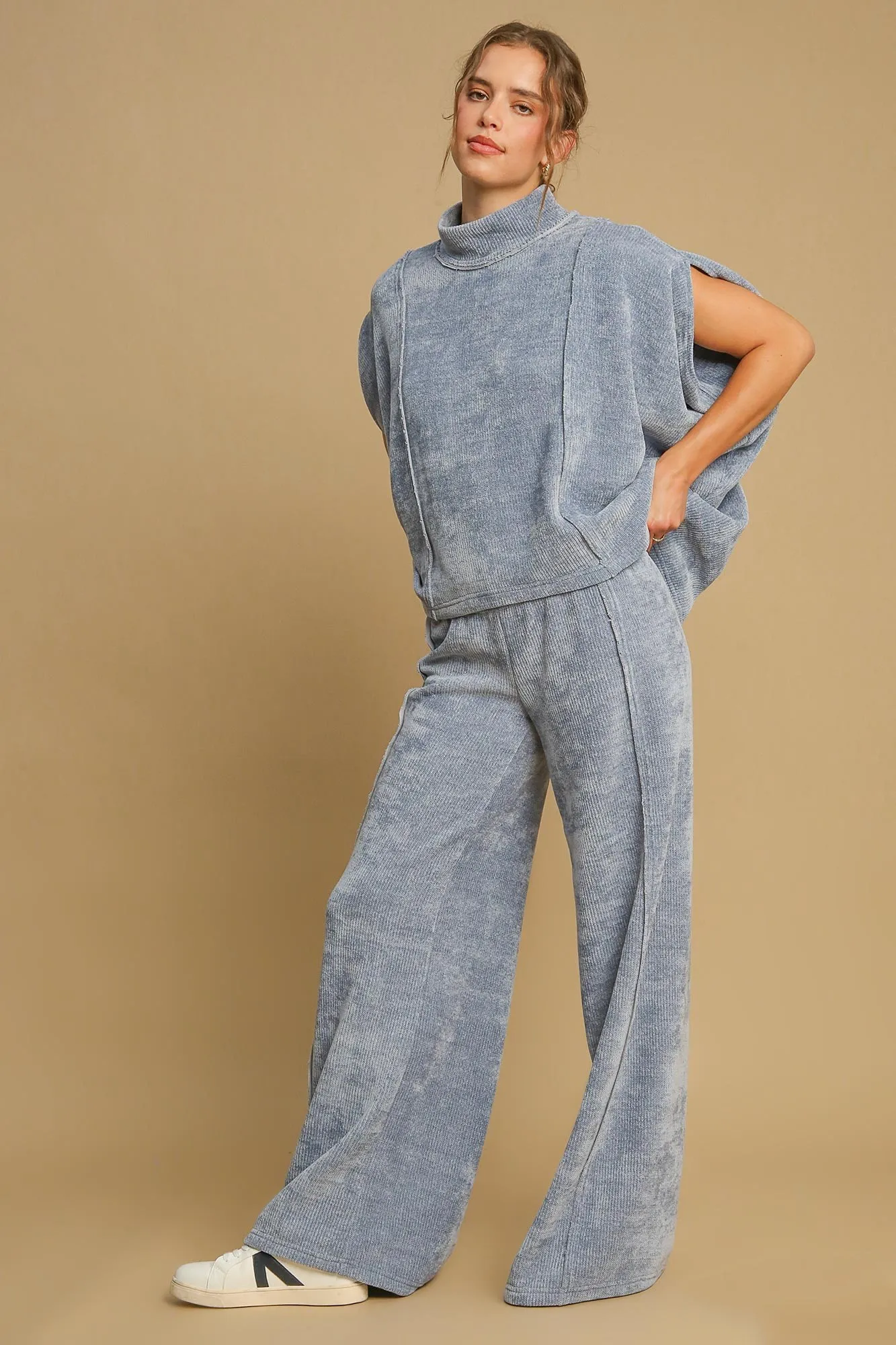 Elastic Waist Blue Ribbed Wide Leg Pants