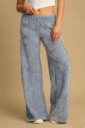 Elastic Waist Blue Ribbed Wide Leg Pants