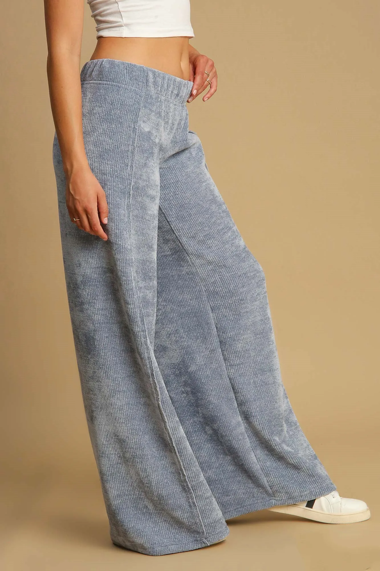 Elastic Waist Blue Ribbed Wide Leg Pants