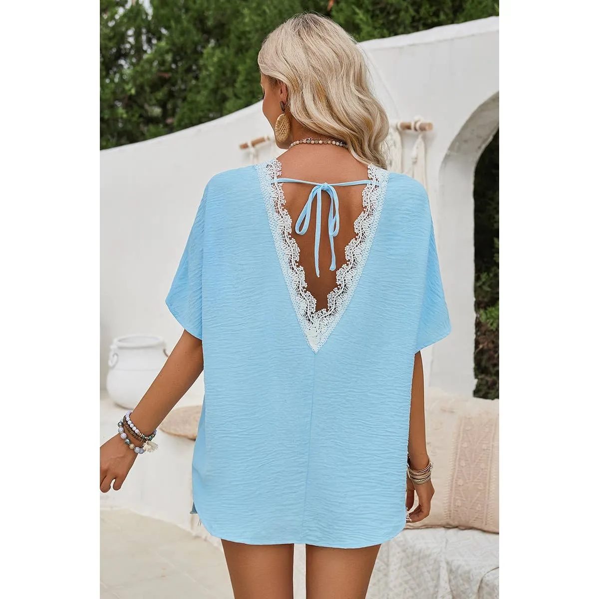 Knot Back Open Back Lace Trim Solid Loose Fit Top