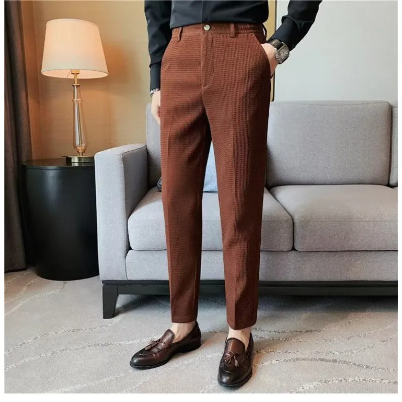 Men's Casual Waffle Pants, Vertical Stripes, Regular Fit
