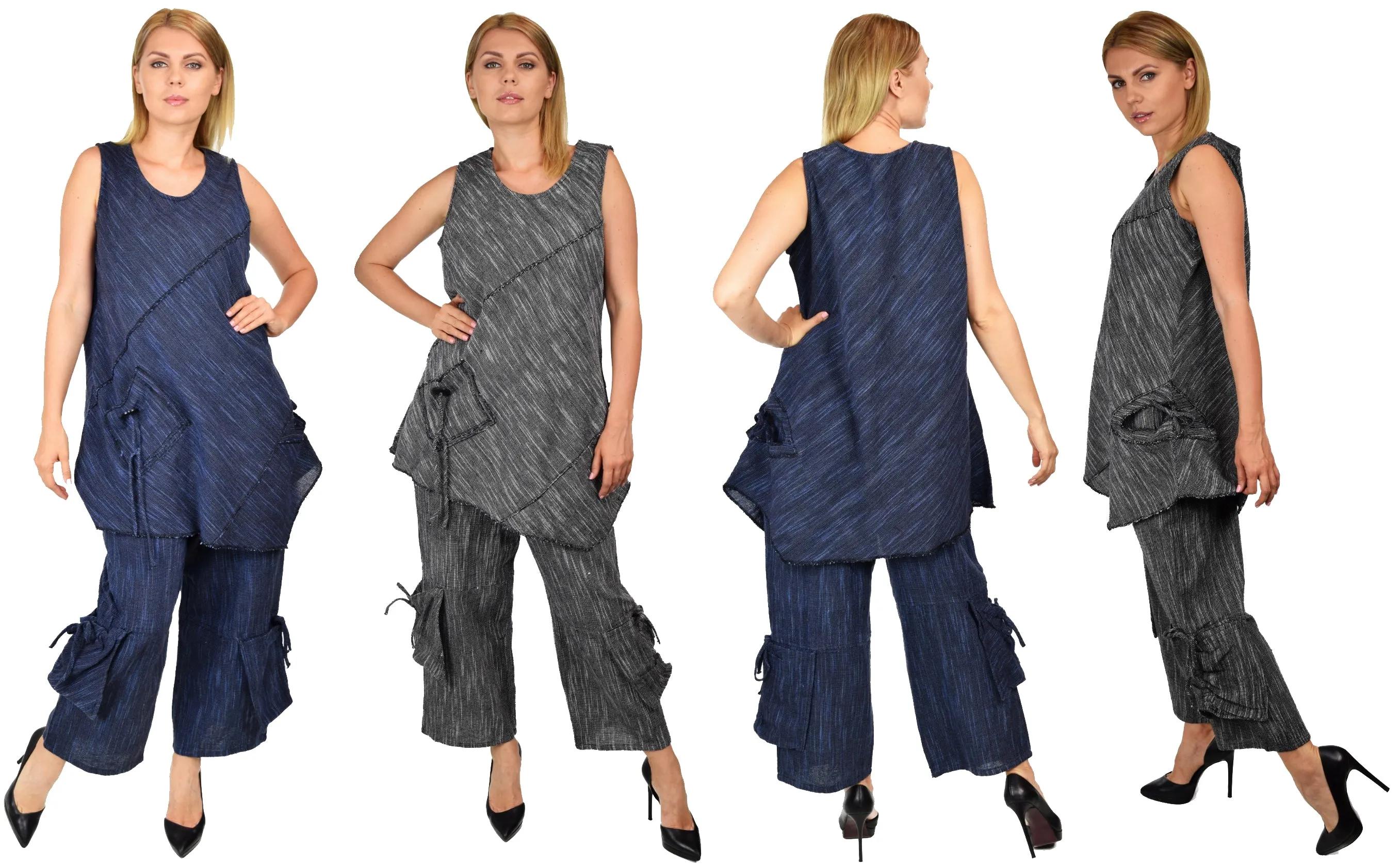 Organic hand spun cotton 2 piece pant set, crop pant set, Sleeveless tunic PANT set, Artsy pant set, Summer pant set SIZE M to 2XL
